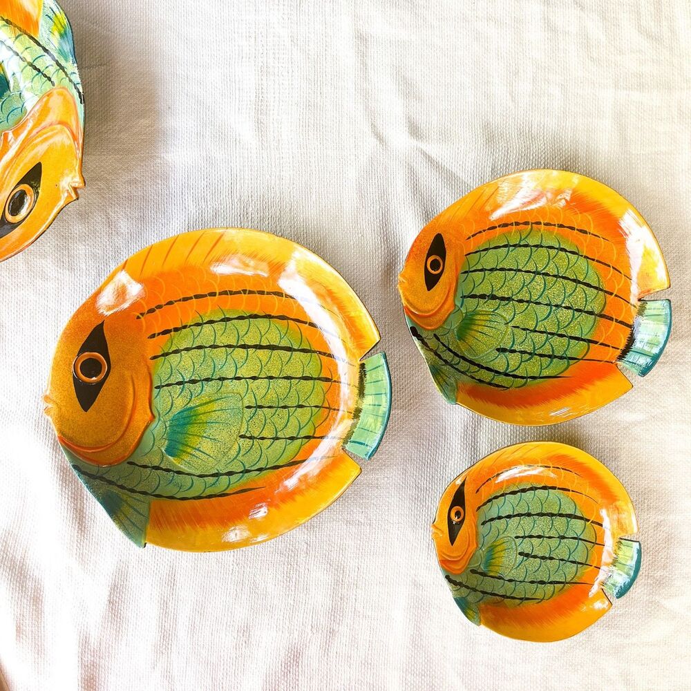 Vintage Spanish Fish Nesting Plates Set Hand Painted Tropical Serving Dishes